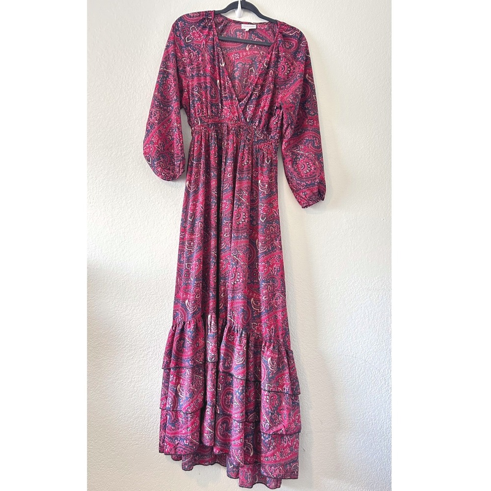 Anthropologie Chaudry Purple Paisley Smocked Waist Maxi Dress Long Sleeve SZ S